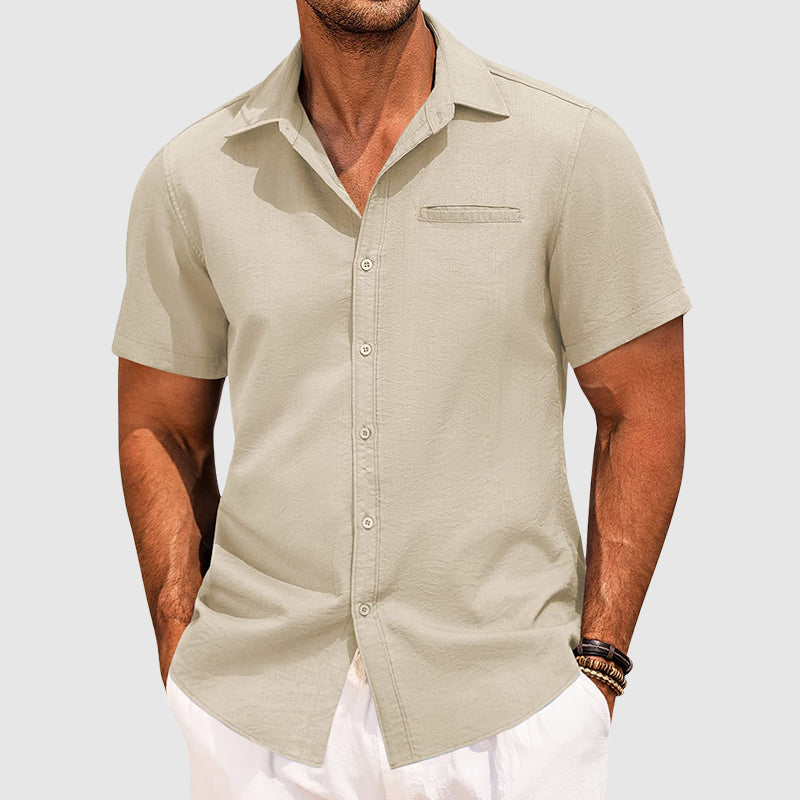 Men’s Short Sleeve Lapel Collar Shirt – Lightweight Button-Down Casual Summer Shirt with Hidden Pocket Smart Casual Top