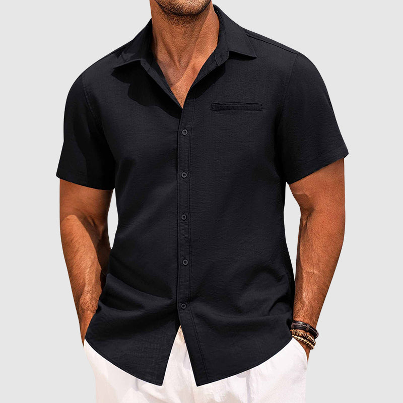 Men’s Short Sleeve Lapel Collar Shirt – Lightweight Button-Down Casual Summer Shirt with Hidden Pocket Smart Casual Top