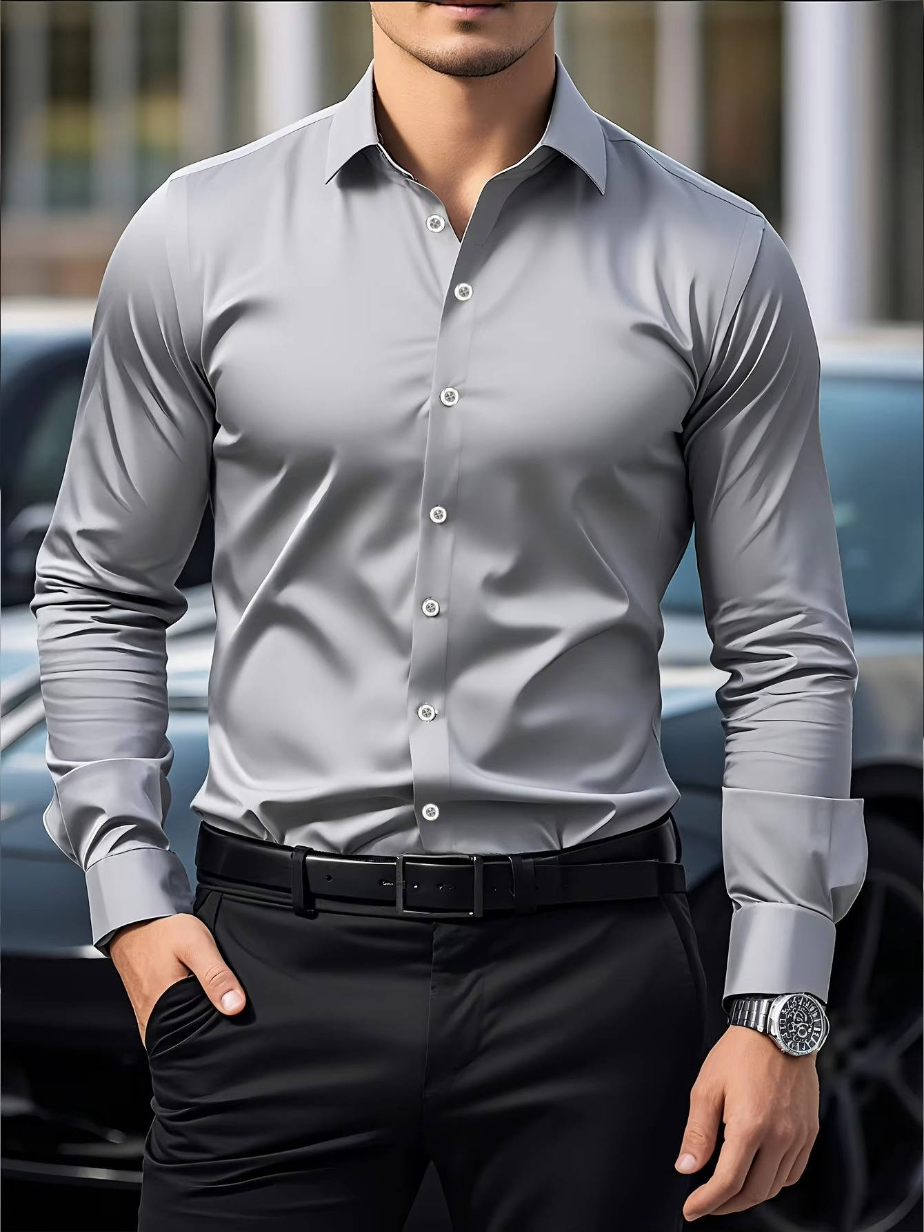 Men’s Slim Fit Stretch Dress Shirt – Wrinkle Resistant Spread Collar Formal Business Shirt, Long Sleeve Button-Up for Office & Events
