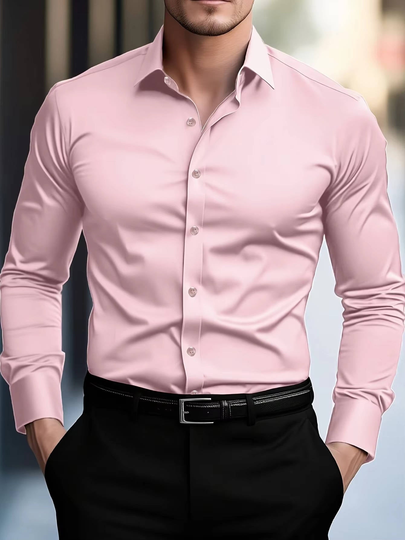 Men’s Slim Fit Stretch Dress Shirt – Wrinkle Resistant Spread Collar Formal Business Shirt, Long Sleeve Button-Up for Office & Events