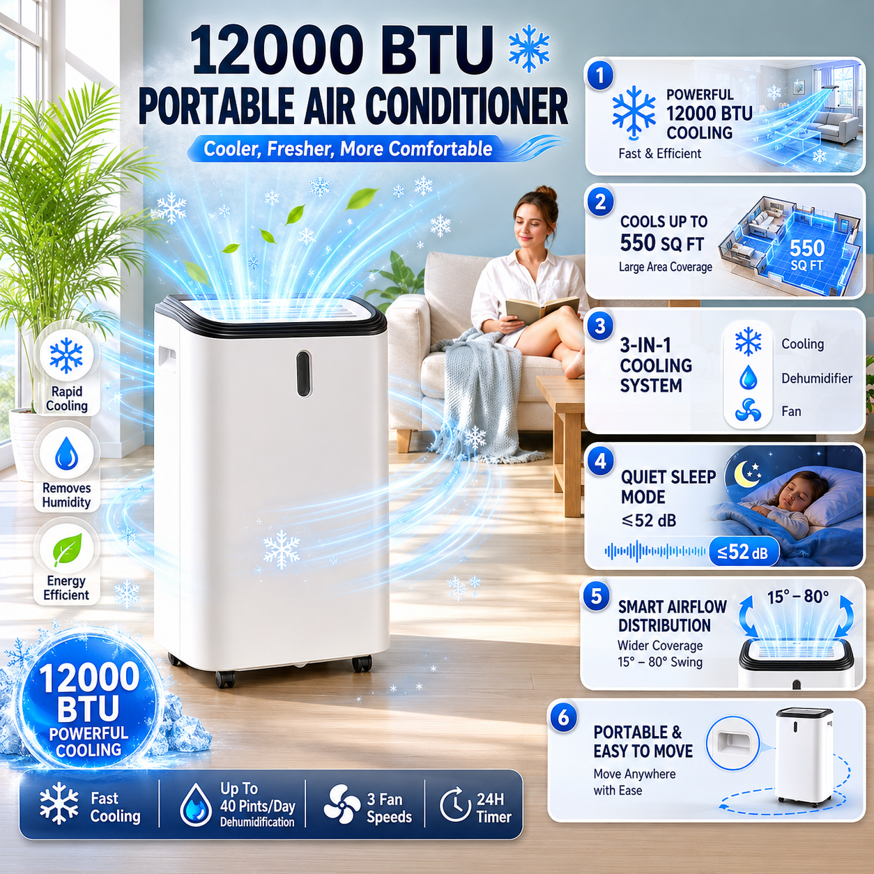 12000 BTU Portable Air Conditioner with Dehumidify Mode