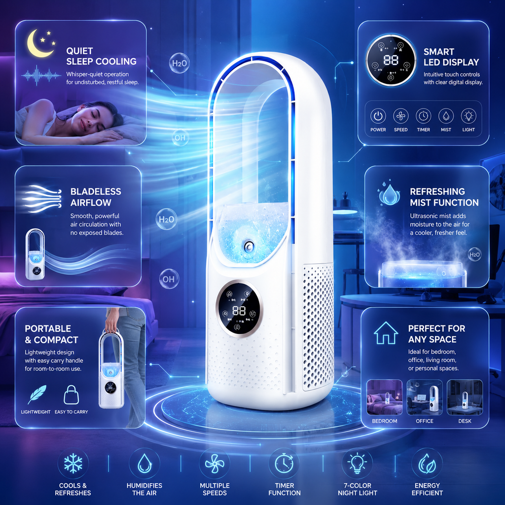 Compact Bladeless Portable Cooler with Quiet Operation