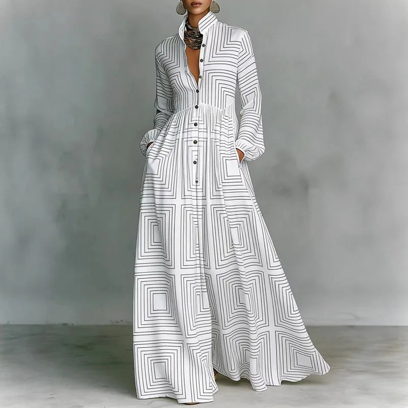 Women’s Vintage Print Shirt Collar Maxi Dress – Long Sleeve Pleated Boho Vacation Dress with Pockets