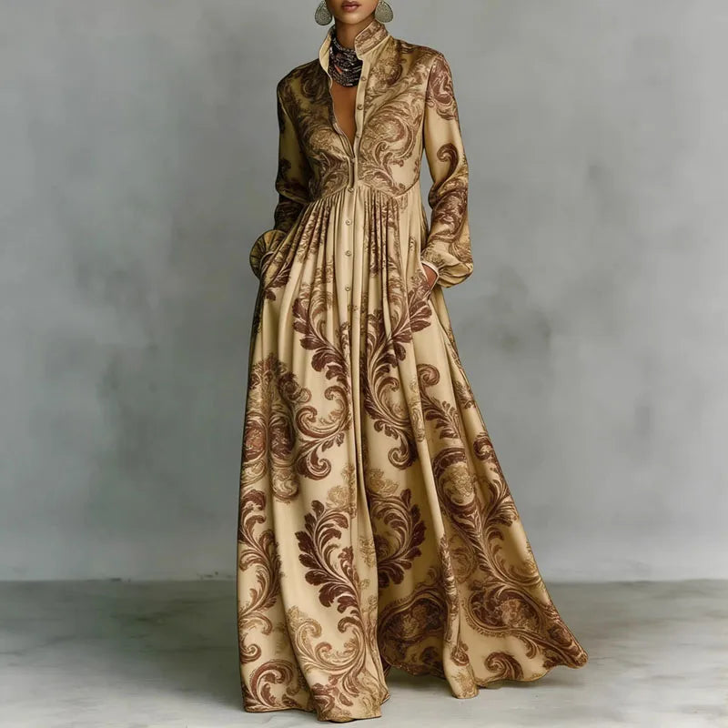Women’s Retro Pattern Print High Waist Pleated Maxi Dress – Shirt Collar Button Front Long Sleeve Boho Vacation Dress