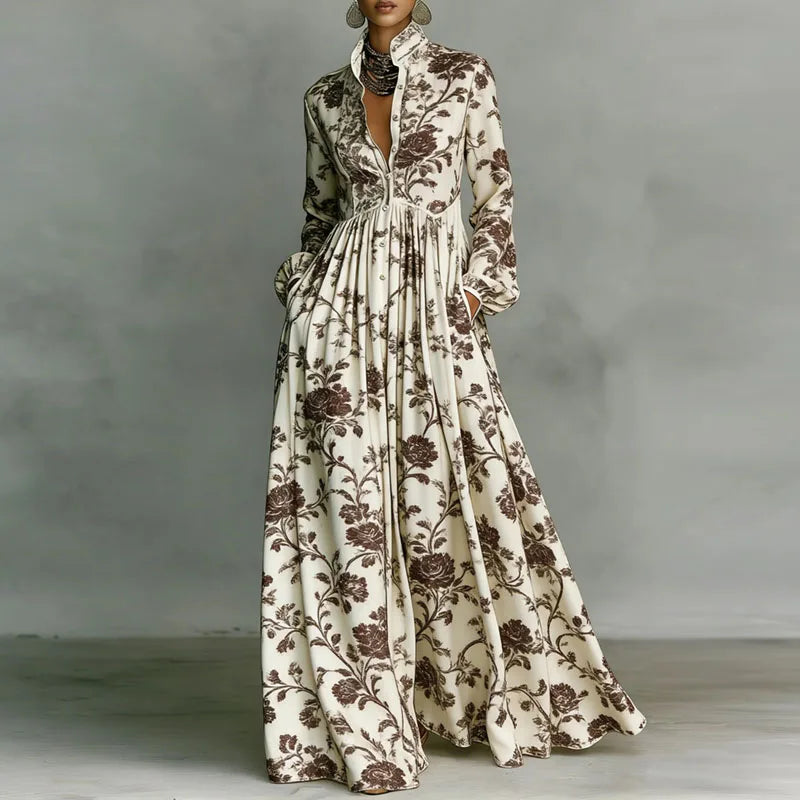Women’s Vintage Print Shirt Collar Maxi Dress – Long Sleeve Pleated Boho Vacation Dress with Pockets
