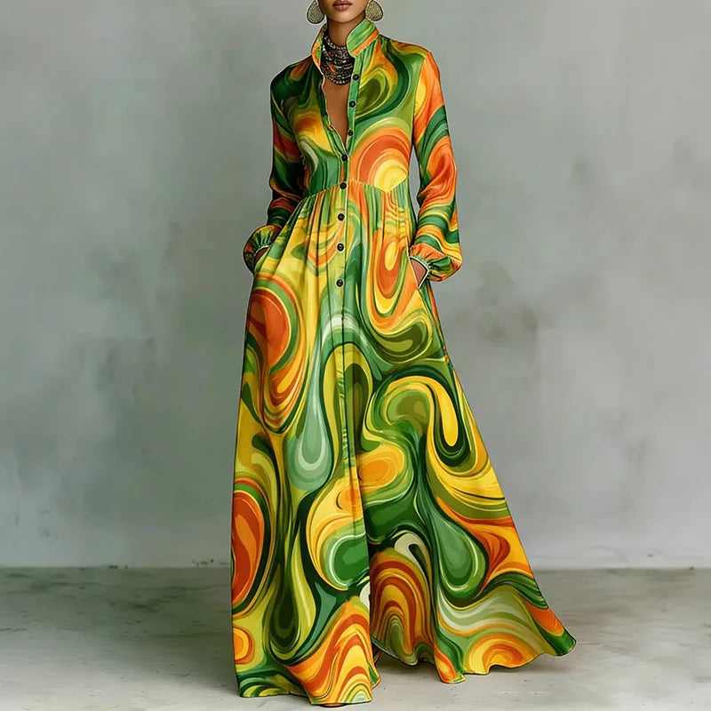 Women’s Vintage Print Shirt Collar Maxi Dress – Long Sleeve Pleated Boho Vacation Dress with Pockets