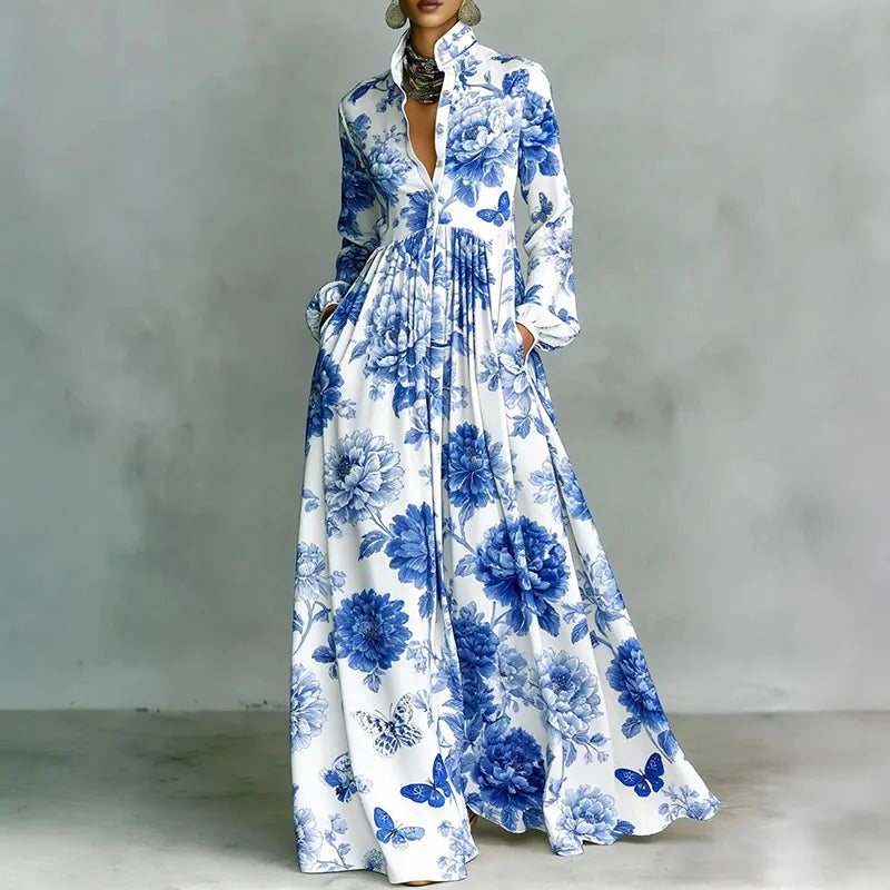Women’s Retro Pattern Print High Waist Pleated Maxi Dress – Shirt Collar Button Front Long Sleeve Boho Vacation Dress