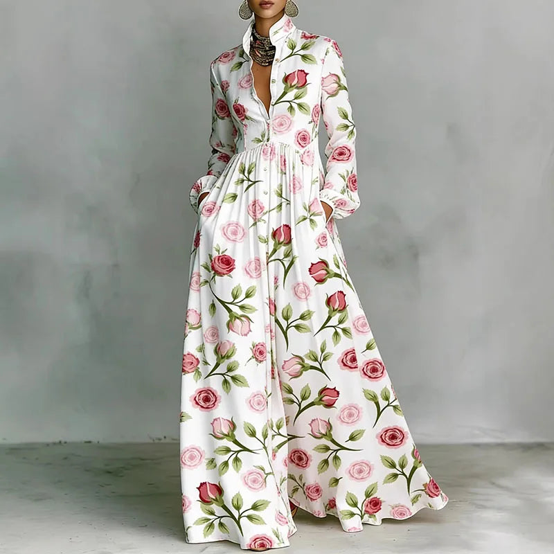 Women’s Retro Pattern Print High Waist Pleated Maxi Dress – Shirt Collar Button Front Long Sleeve Boho Vacation Dress