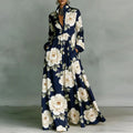 Women’s Retro Pattern Print High Waist Pleated Maxi Dress – Shirt Collar Button Front Long Sleeve Boho Vacation Dress