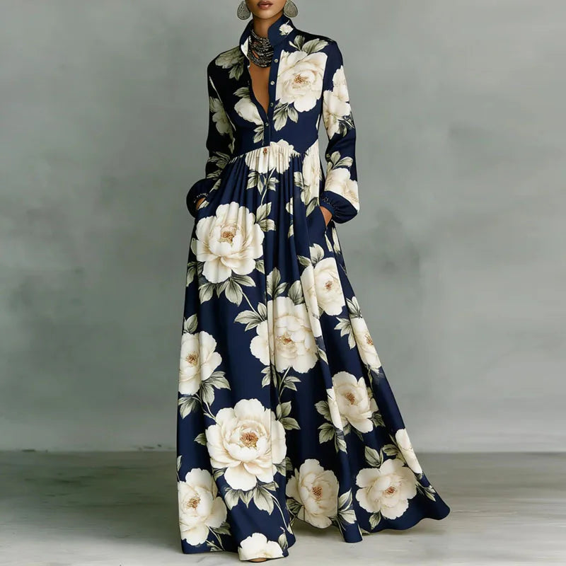 Women’s Retro Pattern Print High Waist Pleated Maxi Dress – Shirt Collar Button Front Long Sleeve Boho Vacation Dress