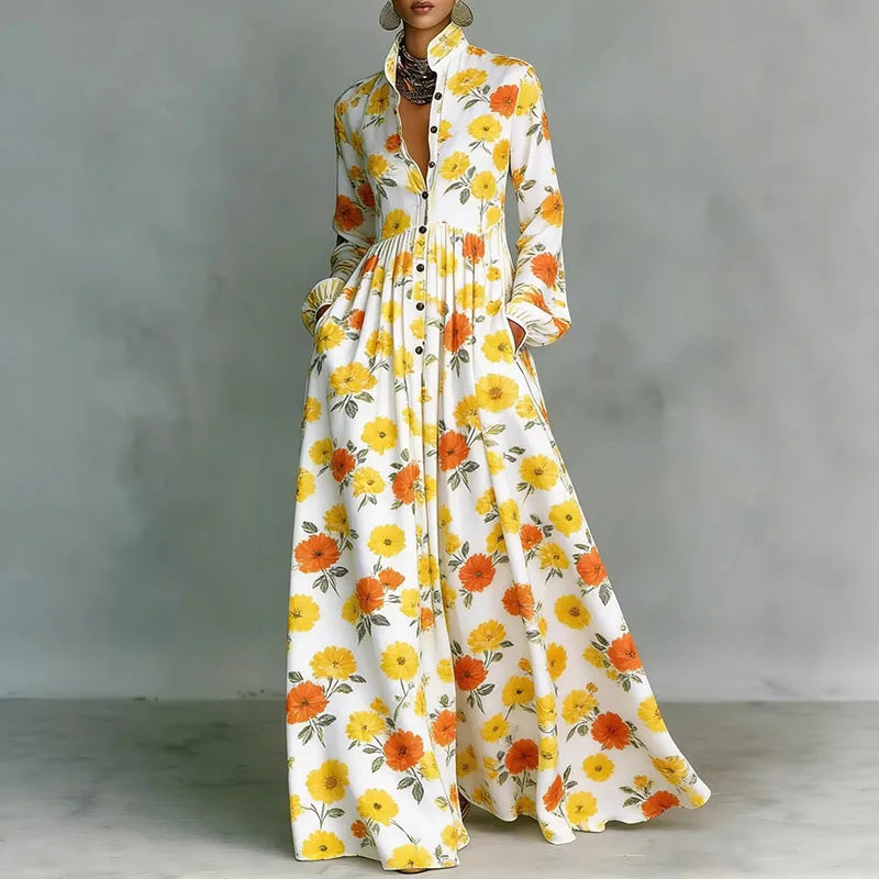 Women’s Vintage Print Shirt Collar Maxi Dress – Long Sleeve Pleated Boho Vacation Dress with Pockets