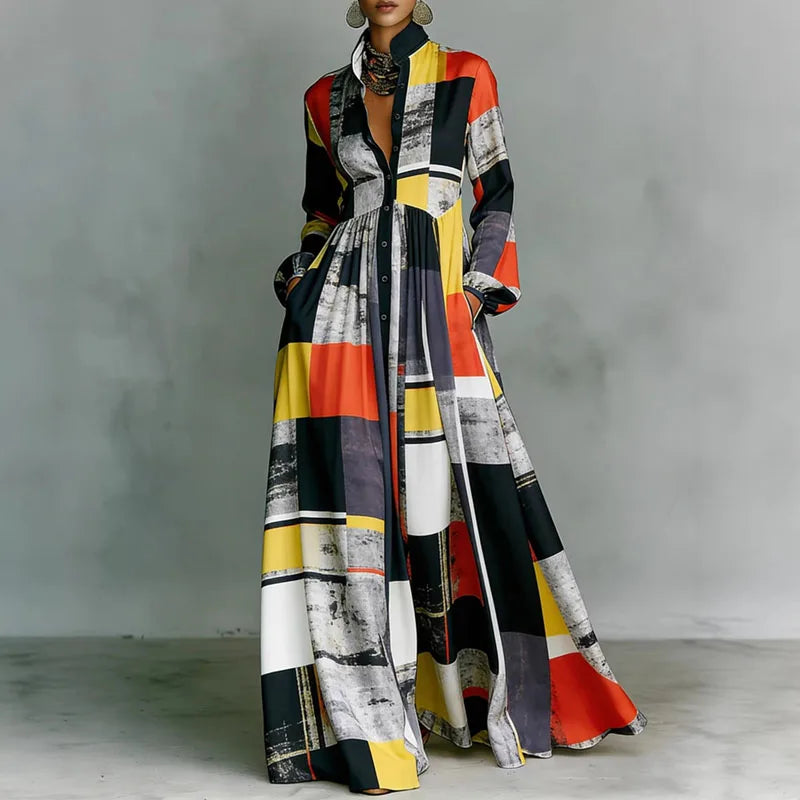 Women’s Retro Pattern Print High Waist Pleated Maxi Dress – Shirt Collar Button Front Long Sleeve Boho Vacation Dress
