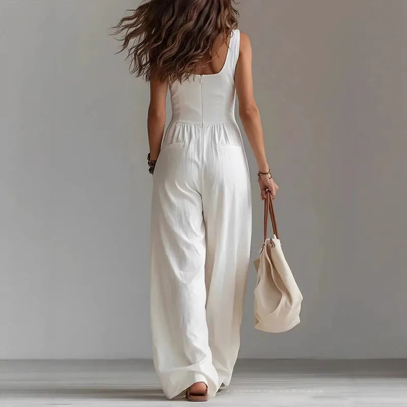 Women’s Sexy V-Neck Button Wide Leg Jumpsuit – Elegant High Waist Sleeveless Solid Romper for Spring Summer 2026