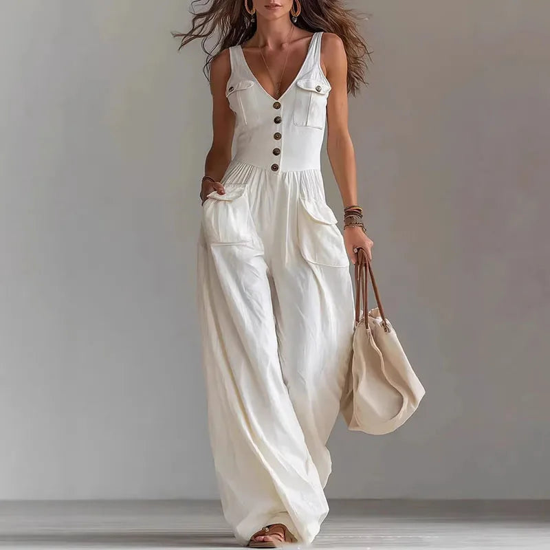Women’s Sexy V-Neck Button Wide Leg Jumpsuit – Elegant High Waist Sleeveless Solid Romper for Spring Summer 2026