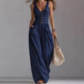 Women’s Sexy V-Neck Button Wide Leg Jumpsuit – Elegant High Waist Sleeveless Solid Romper for Spring Summer 2026