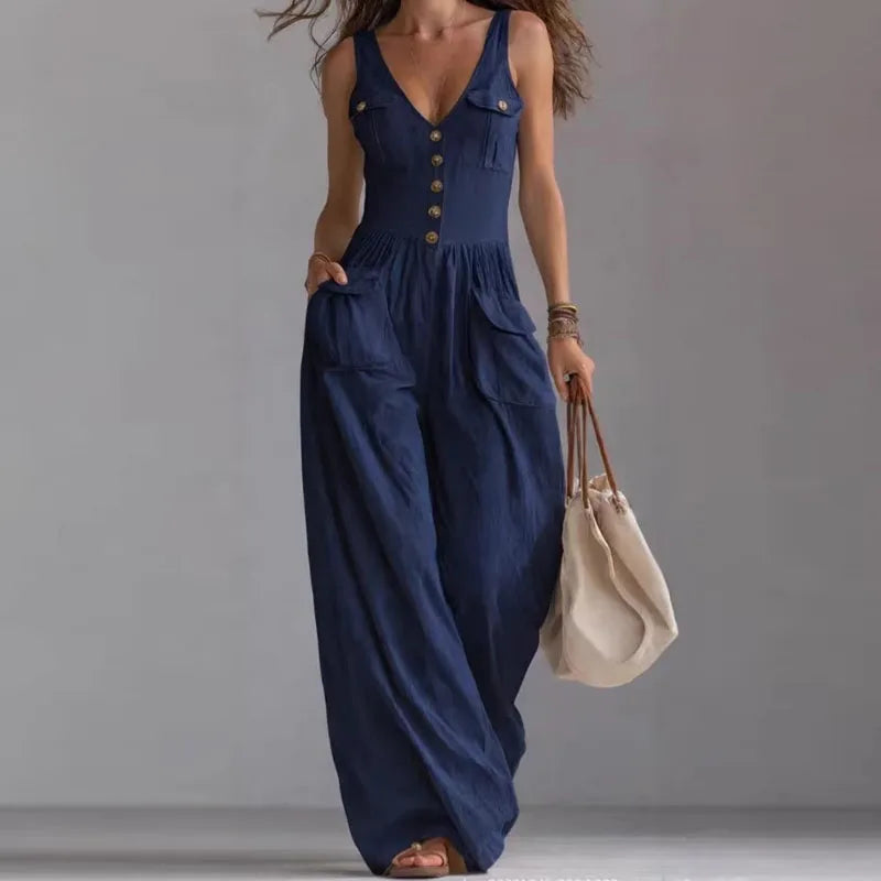 Women’s Sexy V-Neck Button Wide Leg Jumpsuit – Elegant High Waist Sleeveless Solid Romper for Spring Summer 2026