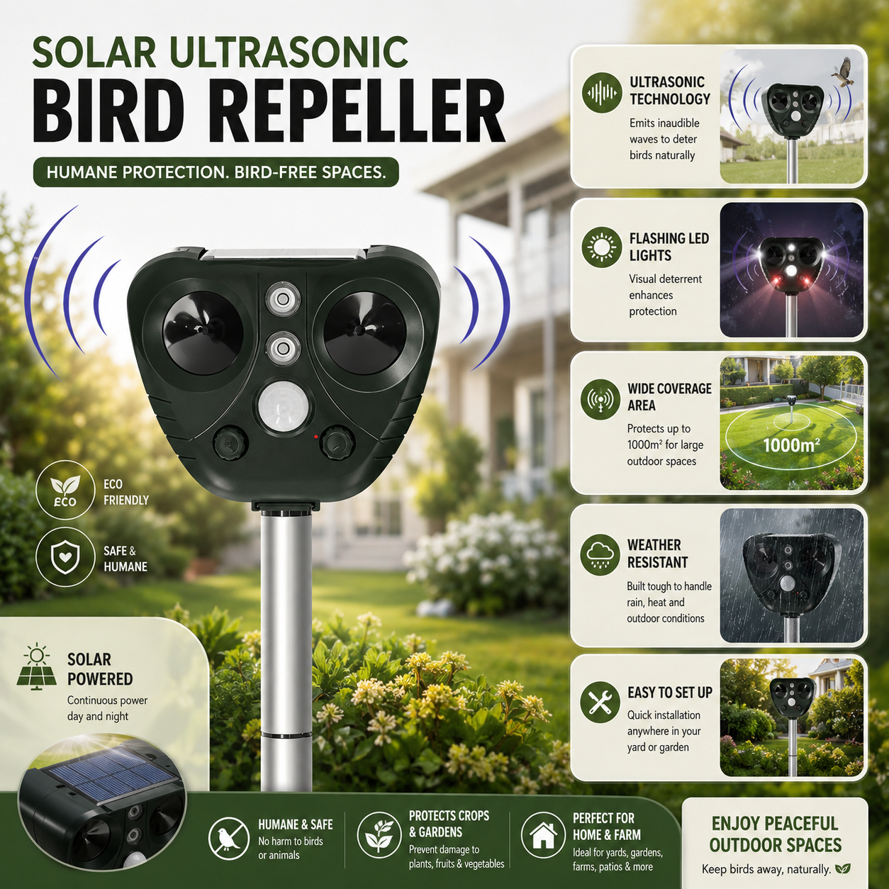 Solar Ultrasonic Bird Deterrent with LED Lights