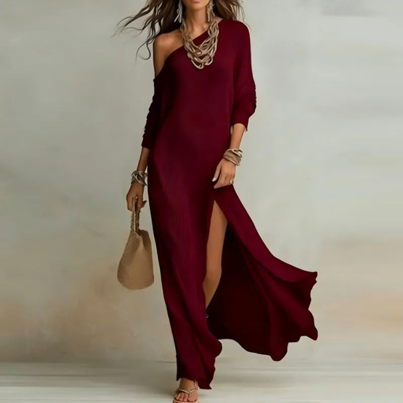Women’s One-Shoulder Split Maxi Dress – Sexy Bohemian Skew Collar Long Sleeve Holiday Dress
