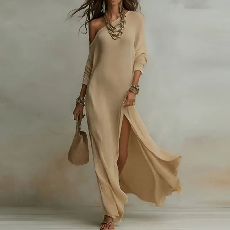 Women’s One-Shoulder Split Maxi Dress – Sexy Bohemian Skew Collar Long Sleeve Holiday Dress