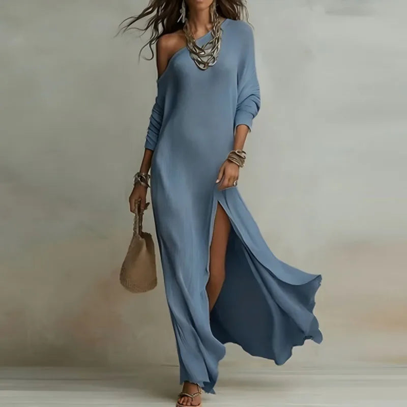 Women’s One-Shoulder Long Sleeve Split Maxi Dress – Sexy Skew Collar Bohemian Elegant Holiday Dress