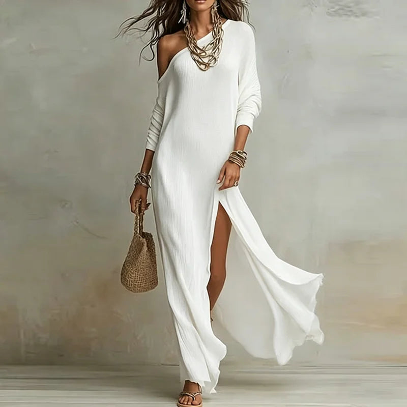 Women’s One-Shoulder Split Maxi Dress – Sexy Bohemian Skew Collar Long Sleeve Holiday Dress