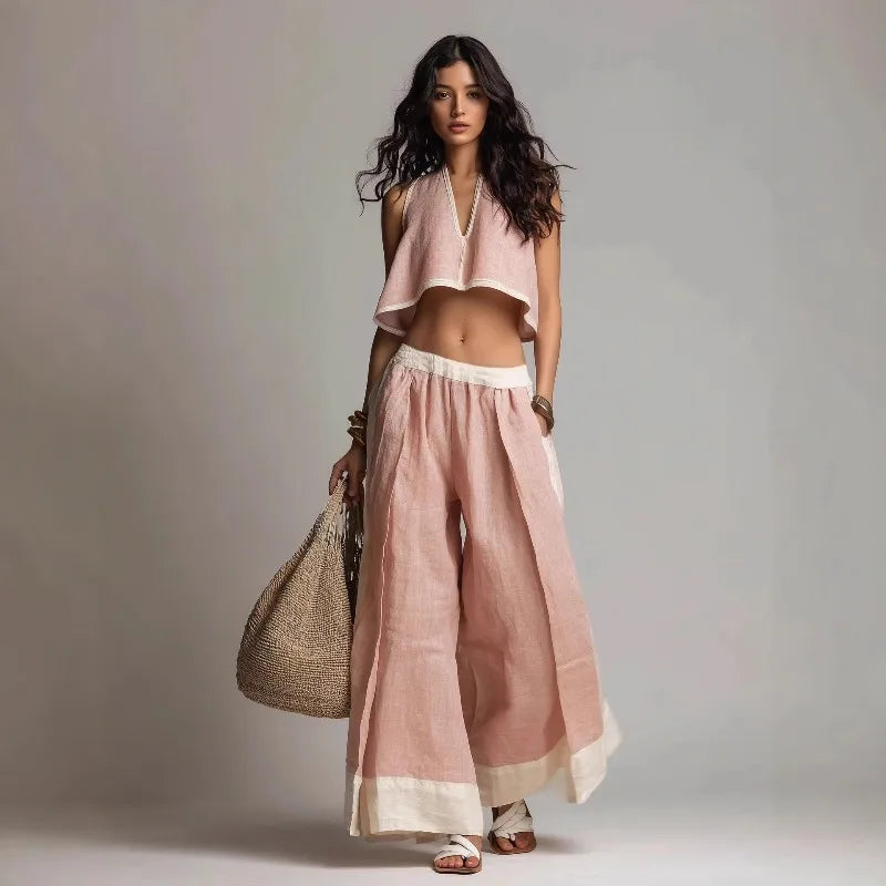 Women’s Summer V-Neck Crop Top & Wide Leg Pants Set – Sleeveless Cotton Linen 2-Piece Vacation Outfit