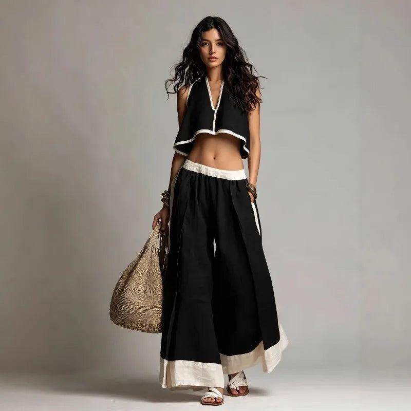 Women’s Summer V-Neck Crop Top & Wide Leg Pants Set – Sleeveless Cotton Linen 2-Piece Vacation Outfit