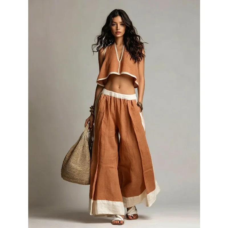 Women’s Summer V-Neck Crop Top & Wide Leg Pants Set – Sleeveless Cotton Linen 2-Piece Vacation Outfit