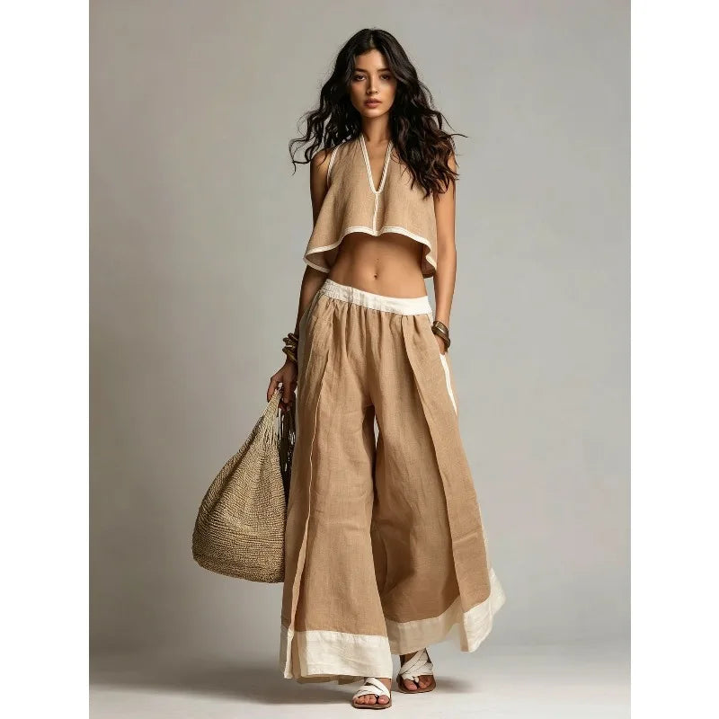 Women’s Summer V-Neck Crop Top & Wide Leg Pants Set – Sleeveless Cotton Linen 2-Piece Vacation Outfit