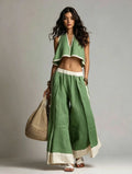 Women’s Summer V-Neck Crop Top & Wide Leg Pants Set – Sleeveless Cotton Linen 2-Piece Vacation Outfit