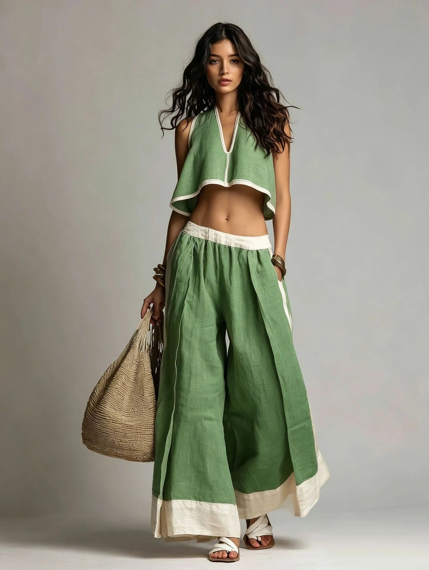 Women’s Summer V-Neck Crop Top & Wide Leg Pants Set – Sleeveless Cotton Linen 2-Piece Vacation Outfit
