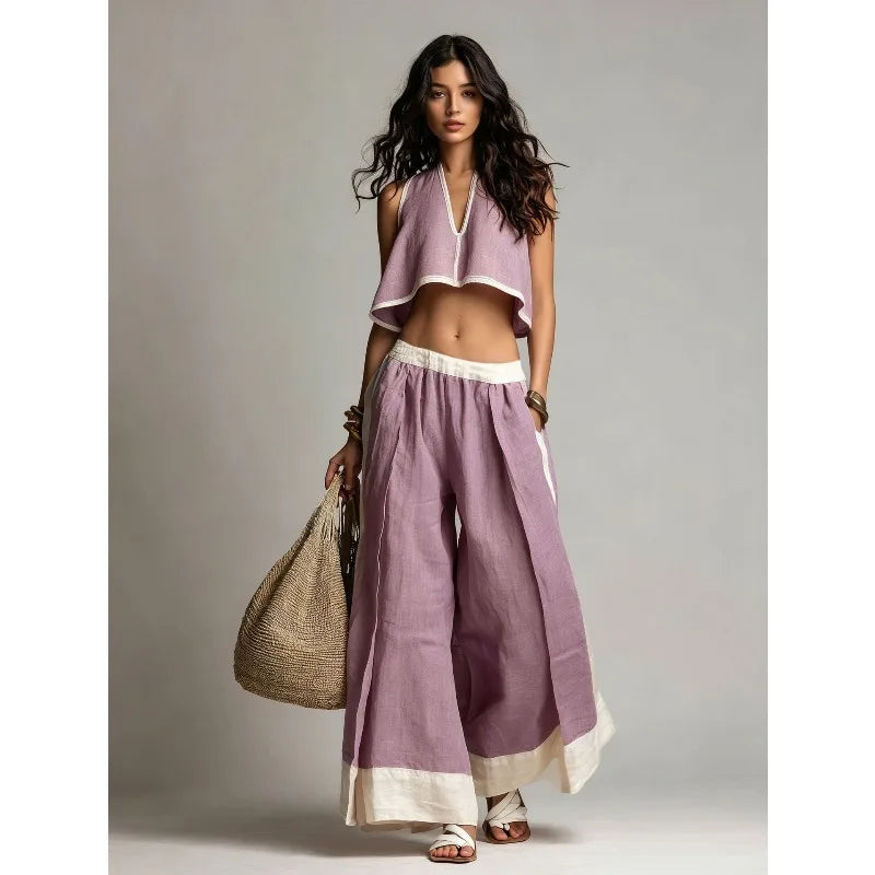 Women’s Summer V-Neck Crop Top & Wide Leg Pants Set – Sleeveless Cotton Linen 2-Piece Vacation Outfit