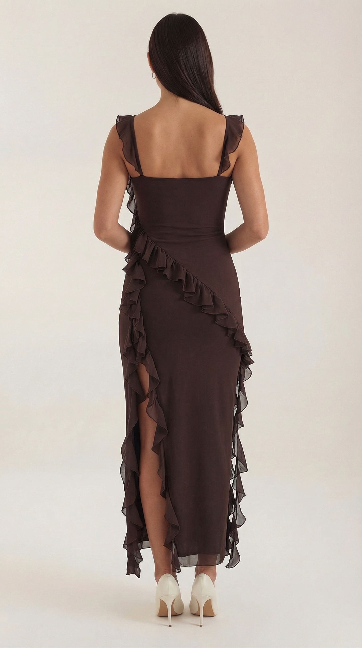 Women’s Ruffled Maxi Dress – Square Neck Bodycon Evening Gown with High Slit & Asymmetrical Ruffles