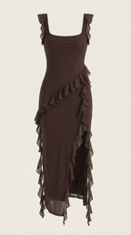 Women’s Ruffled Maxi Dress – Square Neck Bodycon Evening Gown with High Slit & Asymmetrical Ruffles