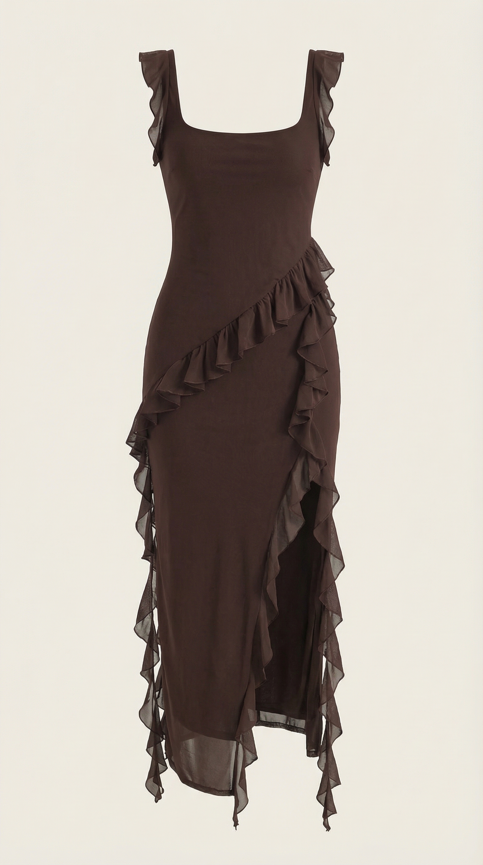 Women’s Ruffled Maxi Dress – Square Neck Bodycon Evening Gown with High Slit & Asymmetrical Ruffles