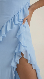 Women’s Ruffled Maxi Dress – Square Neck Bodycon Evening Gown with High Slit & Asymmetrical Ruffles