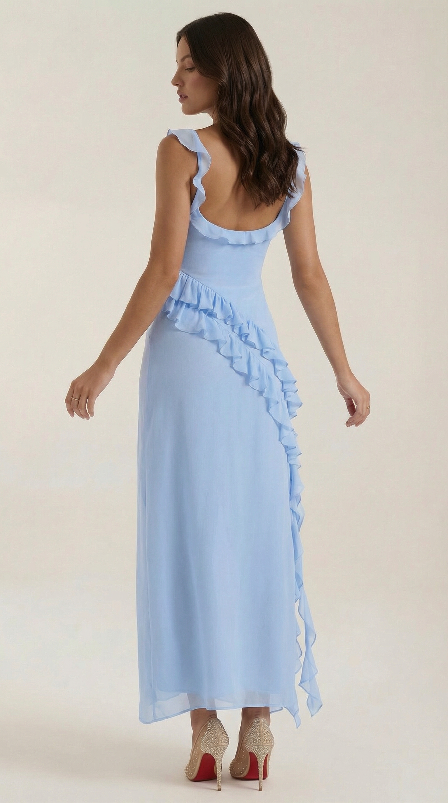 Women’s Ruffled Maxi Dress – Square Neck Bodycon Evening Gown with High Slit & Asymmetrical Ruffles