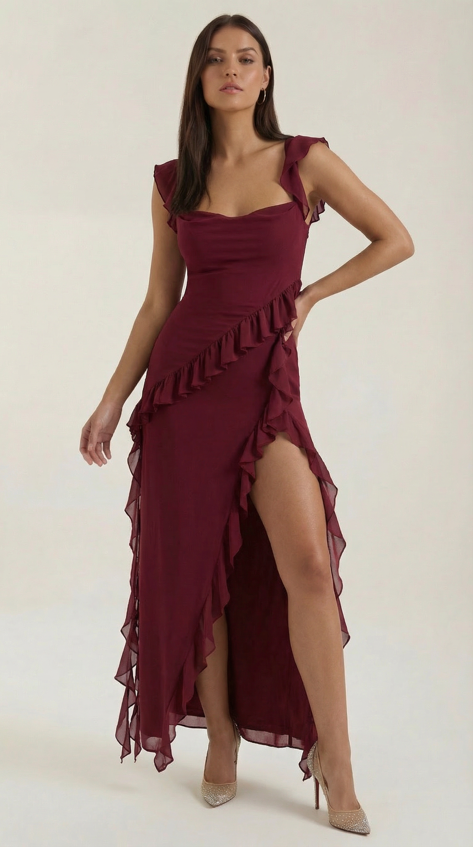 Women’s Ruffled Maxi Dress – Square Neck Bodycon Evening Gown with High Slit & Asymmetrical Ruffles