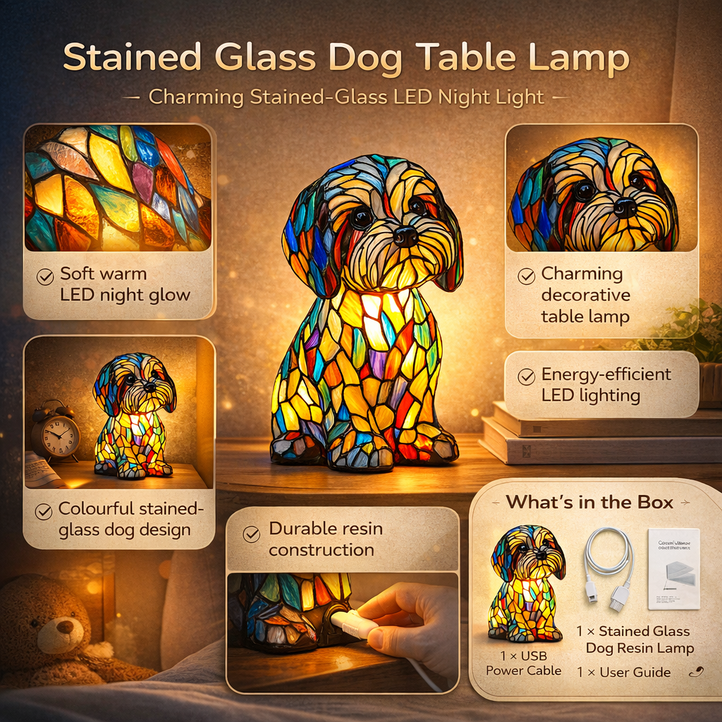 LED Stained-Glass Dog Night Light — Resin Accent Lamp