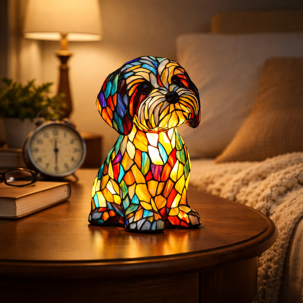 LED Stained-Glass Dog Night Light — Resin Accent Lamp