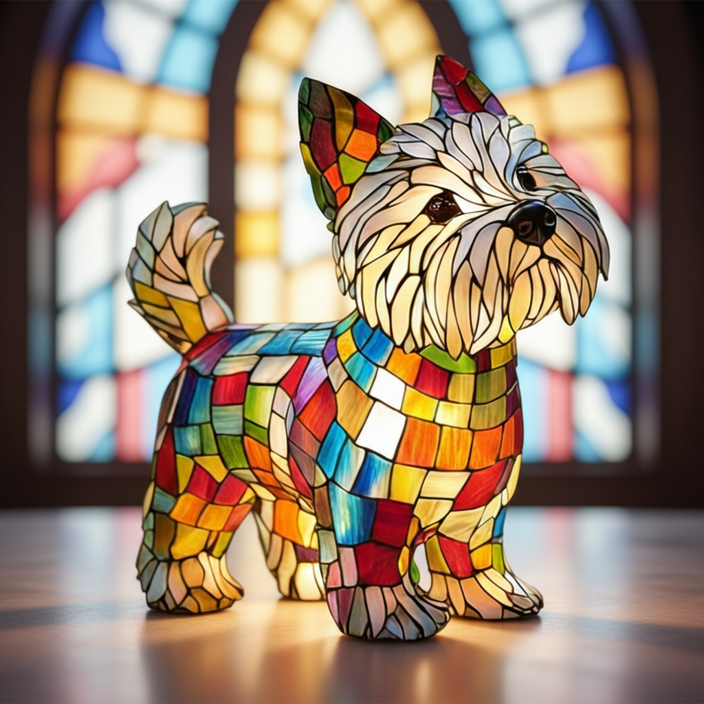 LED Stained-Glass Dog Night Light — Resin Accent Lamp