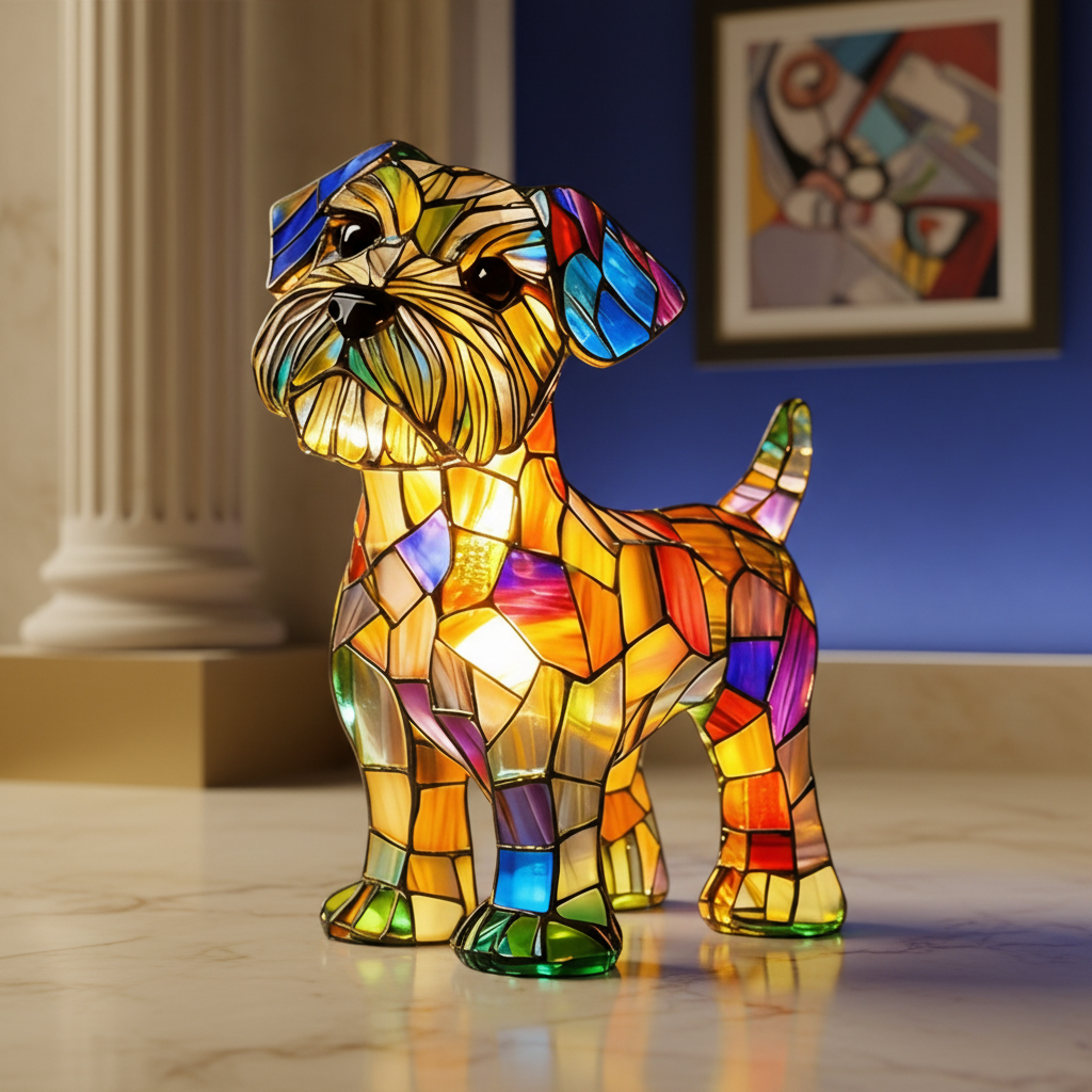 LED Stained-Glass Dog Night Light — Resin Accent Lamp