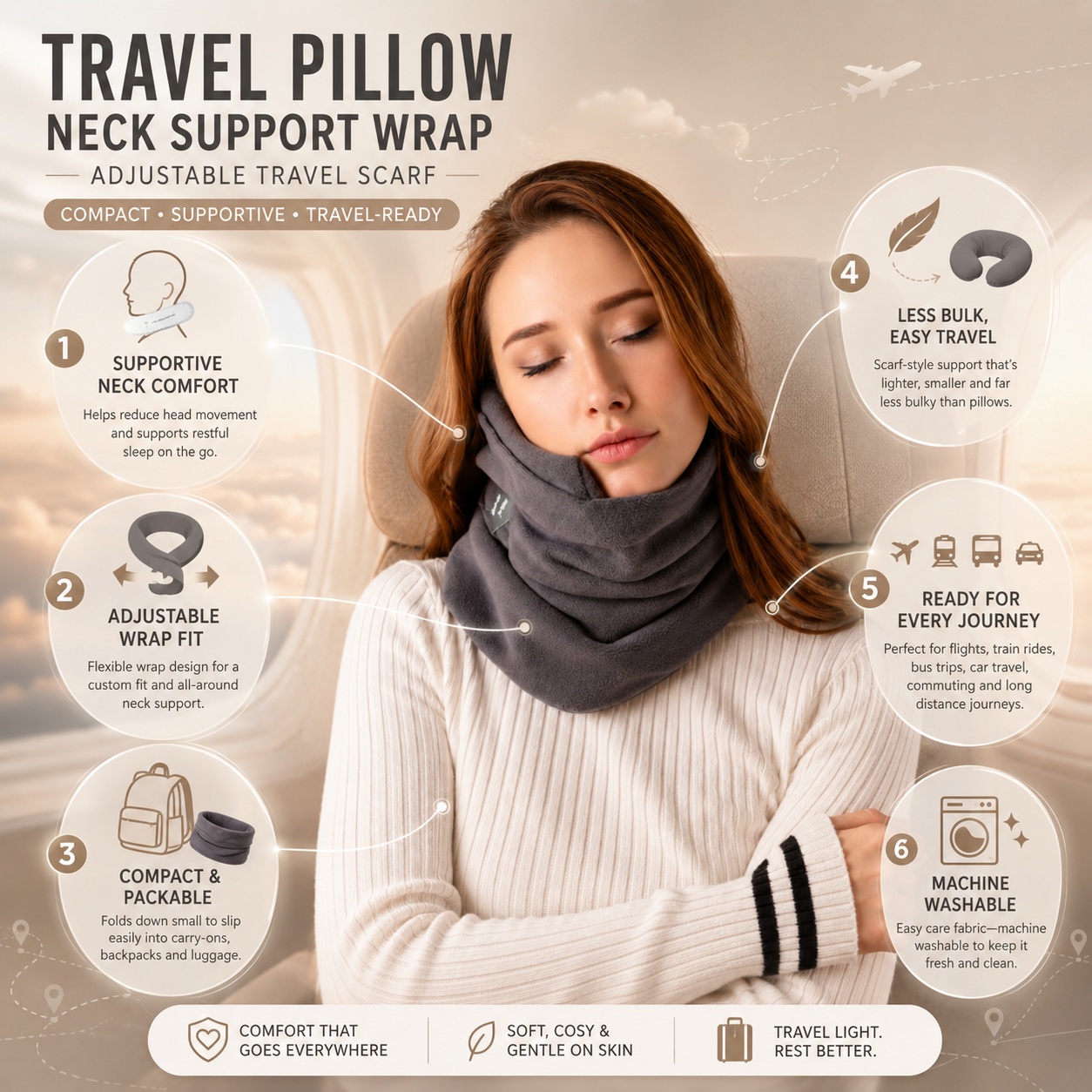 Scarf-Style Travel Neck Wrap — Adjustable Support Pillow