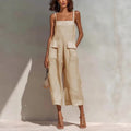 Women’s Vintage Cotton Linen Suspender Jumpsuit – Sleeveless Backless Cropped Summer Overalls