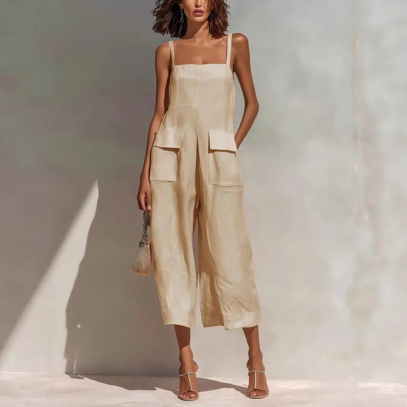 Women’s Vintage Cotton Linen Suspender Jumpsuit – Sleeveless Backless Cropped Summer Overalls