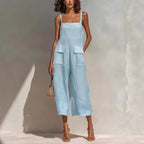 Women’s Vintage Cotton Linen Suspender Jumpsuit – Sleeveless Backless Cropped Summer Overalls