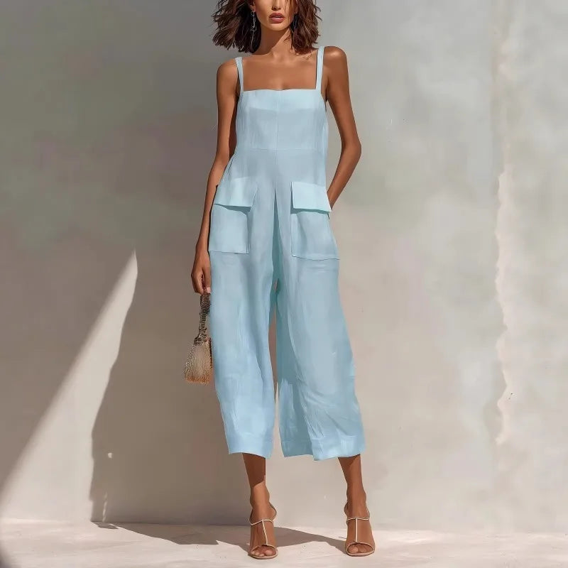 Women’s Vintage Cotton Linen Suspender Jumpsuit – Sleeveless Backless Cropped Summer Overalls
