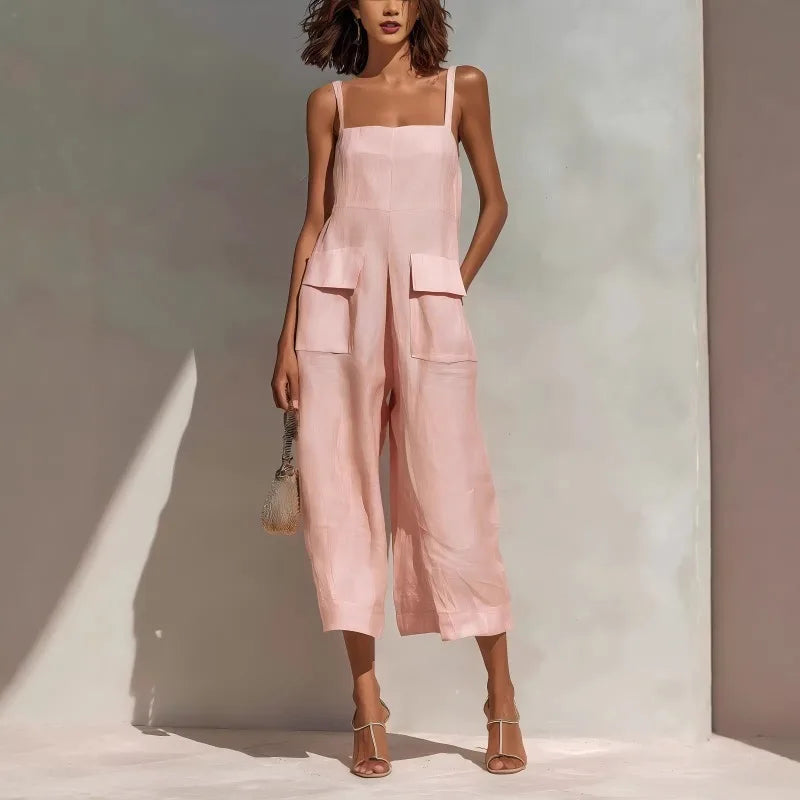 Women’s Vintage Cotton Linen Suspender Jumpsuit – Sleeveless Backless Cropped Summer Overalls