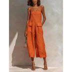 Women’s Vintage Cotton Linen Suspender Jumpsuit – Sleeveless Backless Cropped Summer Overalls