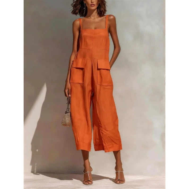 Women’s Vintage Cotton Linen Suspender Jumpsuit – Sleeveless Backless Cropped Summer Overalls